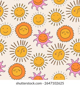 Cute Sun Baby Seamless Pattern. Boho Children Print Background. Vector Illustration