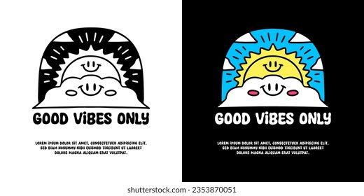 Sol lindo detrás de la nube con buenas vibraciones sólo tipografía, ilustración para logo, camiseta, pegatina o mercadería de ropa. Con doodle, retro, groovy y estilo de dibujos animados.