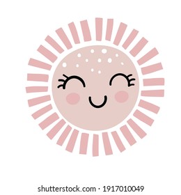 Cute sun in boho style in pastel colors, simple applique, flat design. Smiling nursery sun, baby shower, birthday. Vector illustration isolated on white background