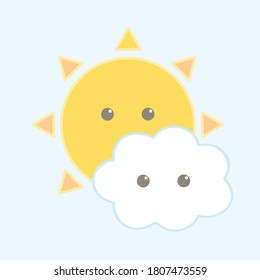 The cute Sun and bright cloud  cartoon character vector isolated on light blue background