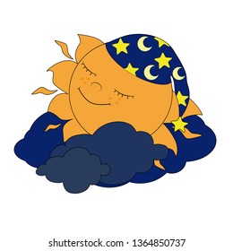 Cute  sun in caps is sleeping in the clouds and smiling happily.  Vector illustration on white background. Image for children's design, prints and books.