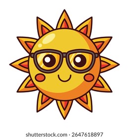 Cute sun cartoon character with glasses and smiling face isolated on white background