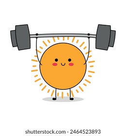 Cute sun cartoon character lifting weight doodle