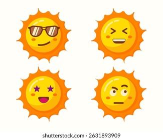 Cute sun cartoon with different expressions isolated set