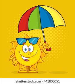 Cute Sun Cartoon Mascot Character Holding A Umbrella. Vector Illustration With Yellow Halftone Background