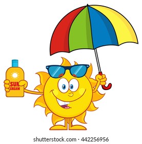 Cute Sun Cartoon Mascot Character Holding A Umbrella And Bottle Of Sun Block Cream. Vector Illustration Isolated On White Background