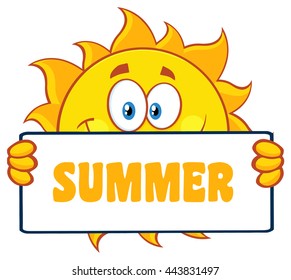 Cute Sun Cartoon Mascot Character Holding A Sign With Text Summer. Vector Illustration Isolated On White Background