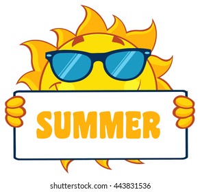 Cute Sun Cartoon Mascot Character Holding A Sign With Text Summer. Vector Illustration Isolated On White Background