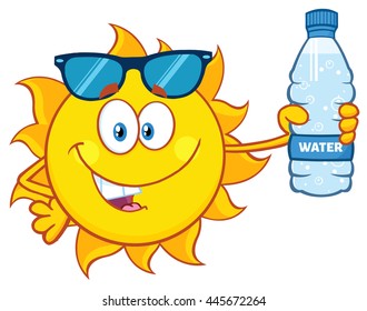 Cute Sun Cartoon Mascot Character With Sunglasses Holding A Water Bottle With Text. Vector Illustration Isolated On White Background