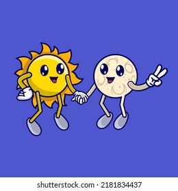 Cute sun cartoon and moon cartoon holding hand svg