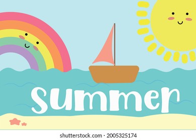 Cute sun cartoon and rainbow background with typography "summer" for greeting card design. book cover and poster