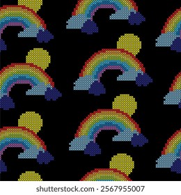 Cute sun cartoon, rainbow, clouds seamless pattern background. Cross stitching. Isolated on black background.