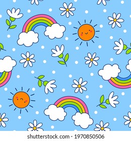 Cute sun cartoon, rainbow and flower seamless pattern with dot background.
