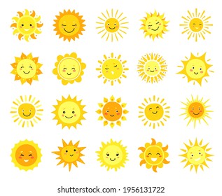 Cute sun. Cartoon sunny emoji, happy yellow sun characters with smile, sunshine emoticon, funny kawaii vector set. Cheerful summer faces with beams and rays. Bright sunburst, warmth