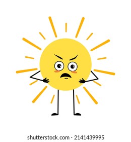 Cute Sun Character With Angry Emotions, Grumpy Face, Furious Eyes, Arms And Legs. Person With Annoyed Expression And Pose. Vector Flat Illustration