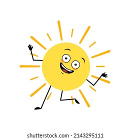 Cute Sun Character With Crazy Happy Emotion, Joyful Face, Smile Eyes, Dancing Arms And Legs. Person With Funny Expression And Pose. Vector Flat Illustration