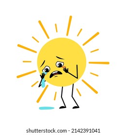 Cute Sun Character With Crying And Tears Emotion, Sad Face, Depressive Eyes, Arms And Legs. Person With Melancholy Expression And Pose. Vector Flat Illustration