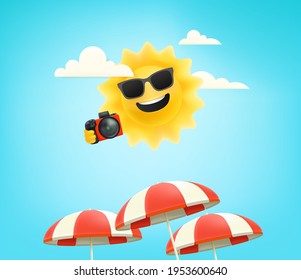 Cute sun character with digital camera. Happy summer season vector illustration