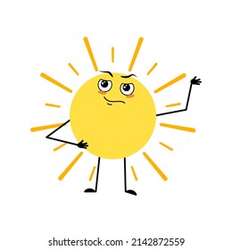 Cute Sun Character With Emotions Of Hero, Brave Face, Arms And Leg. Person With Courage Expression And Pose. Vector Flat Illustration