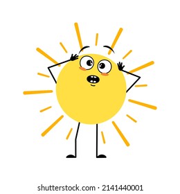 Cute Sun Character With Emotions In Panic Grabs His Head, Surprised Face, Shocked Eyes, Arms And Legs. Person With Scared Expression And Pose. Vector Flat Illustration