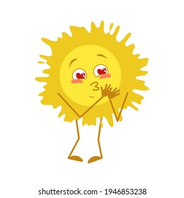 Cute Sun Character Falls In Love With Eyes Hearts, Face, Arms And Legs. Symbol Of Spring, Summer And Weather. Vector Flat Illustration