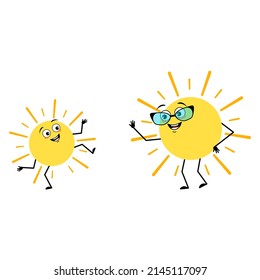 Cute Sun Character With Glasses And Grandson Dancing Character With Happy Emotion, Joyful Face, Smile Eyes, Arms And Legs. Person With Funny Expression And Pose. Vector Flat Illustration