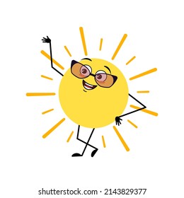 Cute Sun Character With Glasses And Happy Emotion, Face, Smile Eyes, Arms And Legs. Person With Funny Expression And Pose. Vector Flat Illustration