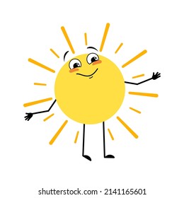 Cute Sun Character With Happy Emotion, Joyful Face, Smile Eyes, Arms And Legs. Person With Funny Expression And Pose. Vector Flat Illustration