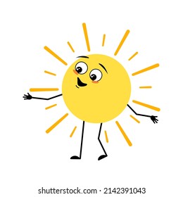 Cute Sun Character With Happy Emotion, Joyful Face, Smile Eyes, Arms And Legs. Person With Funny Expression And Pose. Vector Flat Illustration