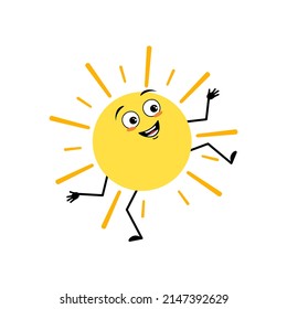 Cute Sun Character With Happy Emotion, Joyful Face, Smile Eyes, Arms And Legs. Person With Funny Expression And Pose. Vector Flat Illustration