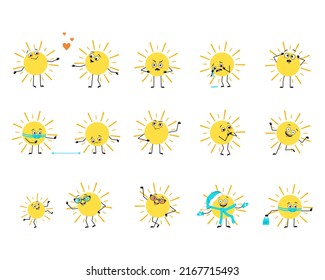 Carácter solar lindo con emociones felices o tristes, pánico, cara amorosa o valiente, manos y piernas. Persona con máscara, gafas o sombrero. Ilustración plana del vector 