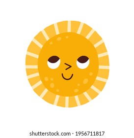 Cute sun character with happy smiling face and funny eyes. Children's drawing in doodle style. Summer sunrise. Childish colored flat graphic vector illustration isolated on white background