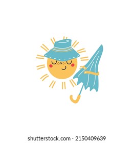 Cute Sun Character With Hat And Umbrella. Vector Hand Drawn Illustration. Sun Safety Concept.