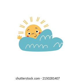 Cute sun character hiding behind cloud. Bright vector hand drawn illustration of sun peeking out from behind the cloud. 