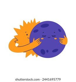 Cute sun character hug moon. Solar Eclipse concept. Playful flat vector illustration isolated on white background.