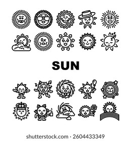 cute sun character icons set vector. adorable, mascot, smiley, cheerful, bright, sunny, happy, playful, fun cute sun character black contour illustrations