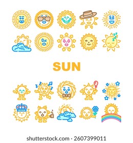 cute sun character icons set vector. adorable, mascot, smiley, cheerful, bright, sunny, happy, playful, fun cute sun character color line illustrations