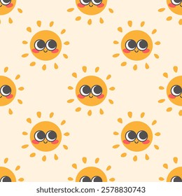 Cute sun character mascot pattern background vector illustration.. Wrapping paper or childish wallpaper or fabric textile with sunny weather character