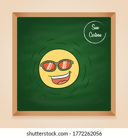 cute sun character or mascot with sunglasses on green chalkboard background