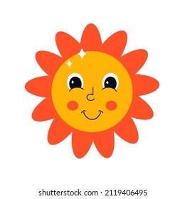 Carácter solar suave en estilo retro con los ojos. Hippie, psicodélico, retro y vintage. Ilustración del vector