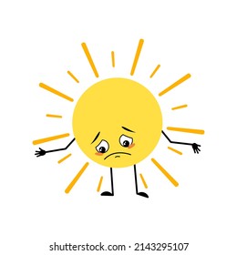 Cute Sun Character With Sad Emotions, Depressed Face, Down Eyes, Arms And Legs. Person With Melancholy Expression And Pose. Vector Flat Illustration