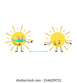 Cute Sun Character With Sad Emotions, Face And Mask Keep Distance, Arms And Legs. Person With Care Expression And Pose. Vector Flat Illustration