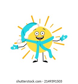 Cute Sonnenfigur in Santa Hut mit glücklicher Emotion, freudiges Gesicht, lächelnde Augen, Arme und Beine. Person mit lustigem Ausdruck und Pose. Vektorgrafik