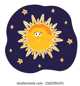 Cute sun character with stars in cartoon style. Vector kids illustration