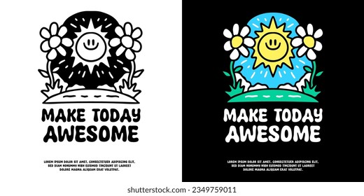 Cute sun character and sunflowers with make today awesome typography, illustration for logo, t-shirt, sticker, or apparel merchandise. With doodle, retro, groovy, and cartoon style.