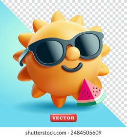 Cute sun character using sunglasses and watermelon, 3d vector. Suitable for advertising, holiday and design elements