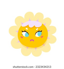 Cute sun character vector illustration. Cartoon isolated funny happy yellow face with smile and sunshine of heart, childish emoji with positive sunny emotion and summer joy.