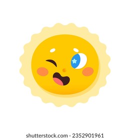 Cute sun character vector illustration. Cartoon isolated funny happy yellow face with smile and sunshine of heart, childish emoji with positive sunny emotion and summer joy.