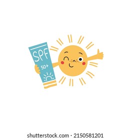 Cálido carácter solar guiñando el ojo y sosteniendo crema de tubo de protección solar con texto SPF en una mano y pulgares hacia arriba con otra mano. Ilustración vectorial de dibujos animados para niños de tema de protección solar.