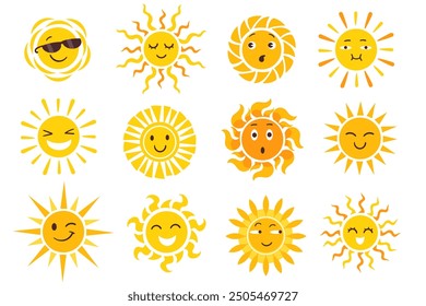 Cute sun characters. Cartoon sunny faces. Summer smiles. Funny emoji. Yellow kids icons. Good morning. Sunrise sunlight. Sunshine rays. Daylight positive emoticons